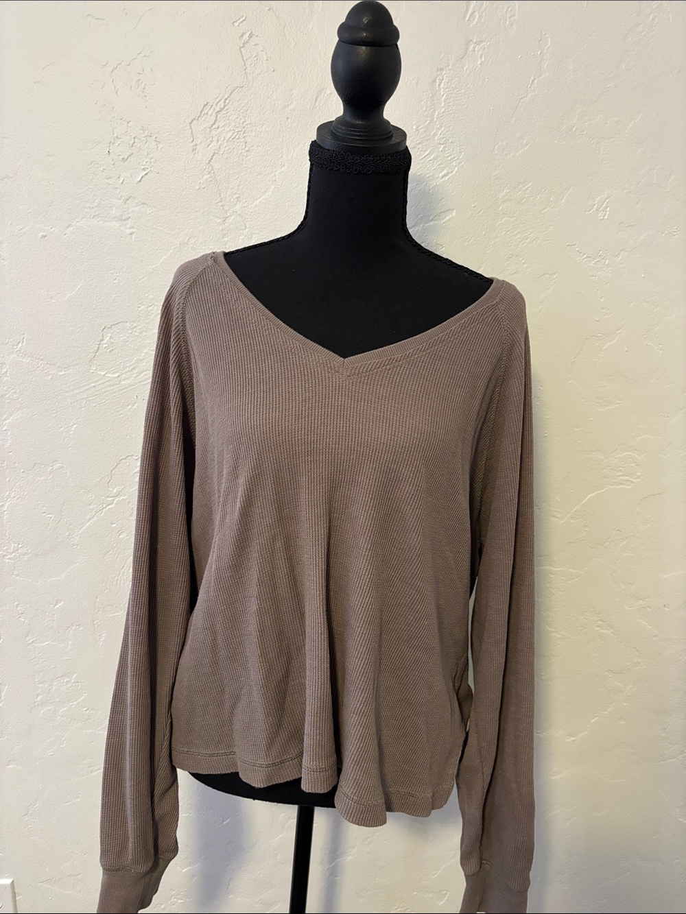 Z Supply Taupe Waffle V-Neck Long Sleeve Top